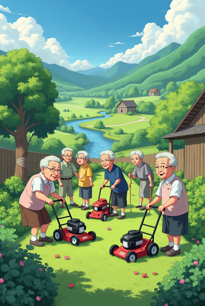 Ghibli anime style painting、Many cheerful old people working together、A rural scene where everyone is actively working with lawnmowers