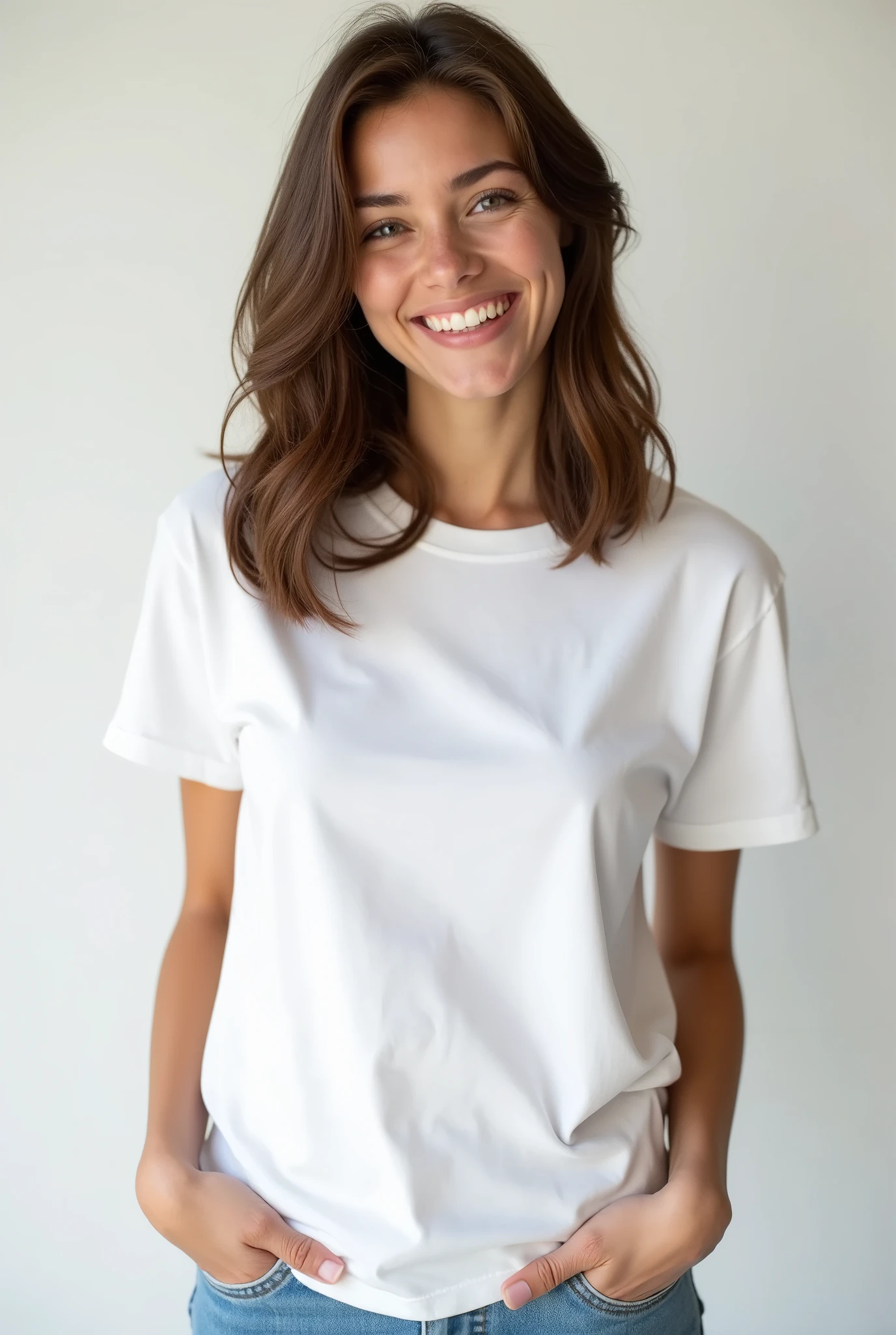 Brazilian woman with light skin, brown hair, wearing a white cotton t-shirt, crew neck, baby look style, with her hands in her pockets, smiling happily, white background