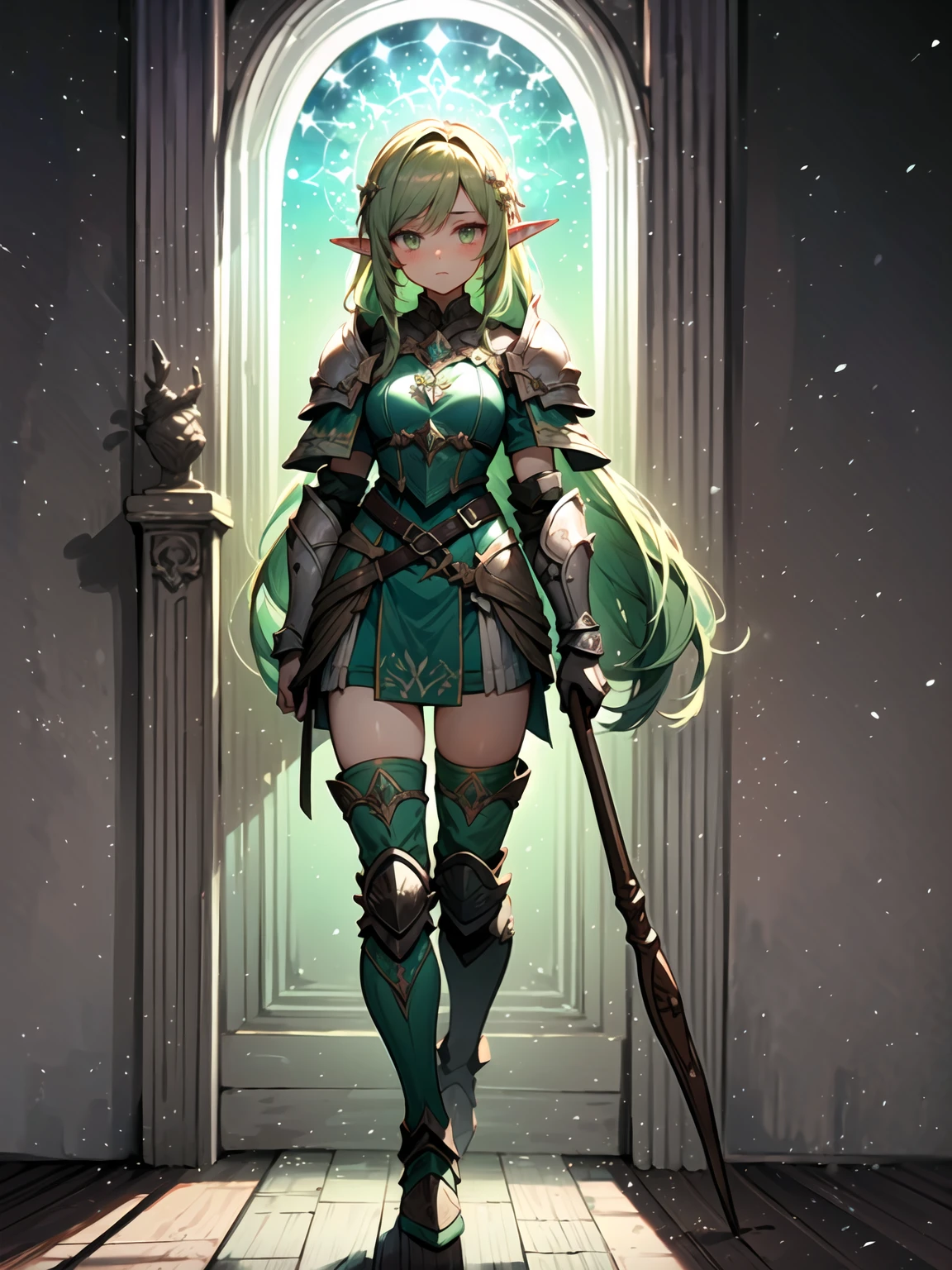 (((Masterpiece, best quality, 16k))) female character with long green hair and amber eyes. She wears an elven armor in green, silver, and white. wields a longbow with intricate carvings. The character has a calm expression, with a lush forest as the background. ((full body front view)). ((slender)), (extremely detailed:1.5), (long green hair:1.2), (amber eyes:1.2), (lush forest:1.1), (elven armor:1.3), (longbow:1.3).