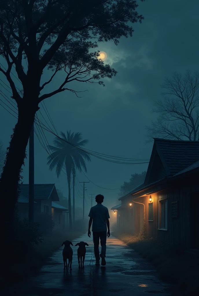 In a dark and silent village, the night was heavy with an ominous stillness. The sky was overcast, with no stars to light the way. Agus walked alone towards Riki’s house, his footsteps echoing in the deserted street. The occasional distant hoot of an owl only added to the eerie atmosphere.

As Agus made his way down the deserted path, he was suddenly confronted by a pack of stray dogs. Their eyes gleamed menacingly in the darkness, fixated on Agus as if guarding something unseen. Despite the threatening situation, Agus somehow managed to pass through them. Chilled by the encounter, he pressed on, trying not to dwell on the strange behavior of the dogs.

When Agus reached the narrow alley leading to Riki's house, he noticed a dog that usually sat there calmly. But tonight, the dog whimpered in fear, its tail tucked between its legs, staring at Agus with terror in its eyes. Agus found this odd but chose to ignore it, continuing towards Riki's house.

Finally, Agus met Riki in front of his house. They decided to play the guitar in the quiet front yard. The soft strumming of the guitar filled the still night air, bringing a small measure of comfort. However, after finishing a song, Riki felt the need to use the bathroom and went to the back of the house.

As Riki was about to relieve himself, he caught sight of something that made his blood run cold. A large, dark figure stood a short distance away, with glowing red eyes staring straight at him. Riki’s face turned pale, and without a second thought, he ran back to the front of the house, his face twisted in fear.

Seeing the terror in Riki’s eyes, Agus tried to calm him down, suggesting it might just be his imagination. They returned to playing the guitar, but soon after, the large tree in front of Riki’s house began to sway, despite the complete lack of wind. Riki’s fear grew, but this time Agus sensed that something was truly wrong.

Agus began reciting prayers to ward off evil spirits, hoping to dispel whatever was l