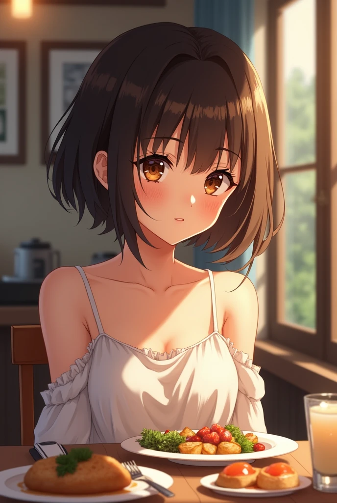 A pretty girl with bright brown eyes, with her channel cut hair and dark brown hair color, with a height of 1'60, eating food at the dinner table, distracted, anime drawing