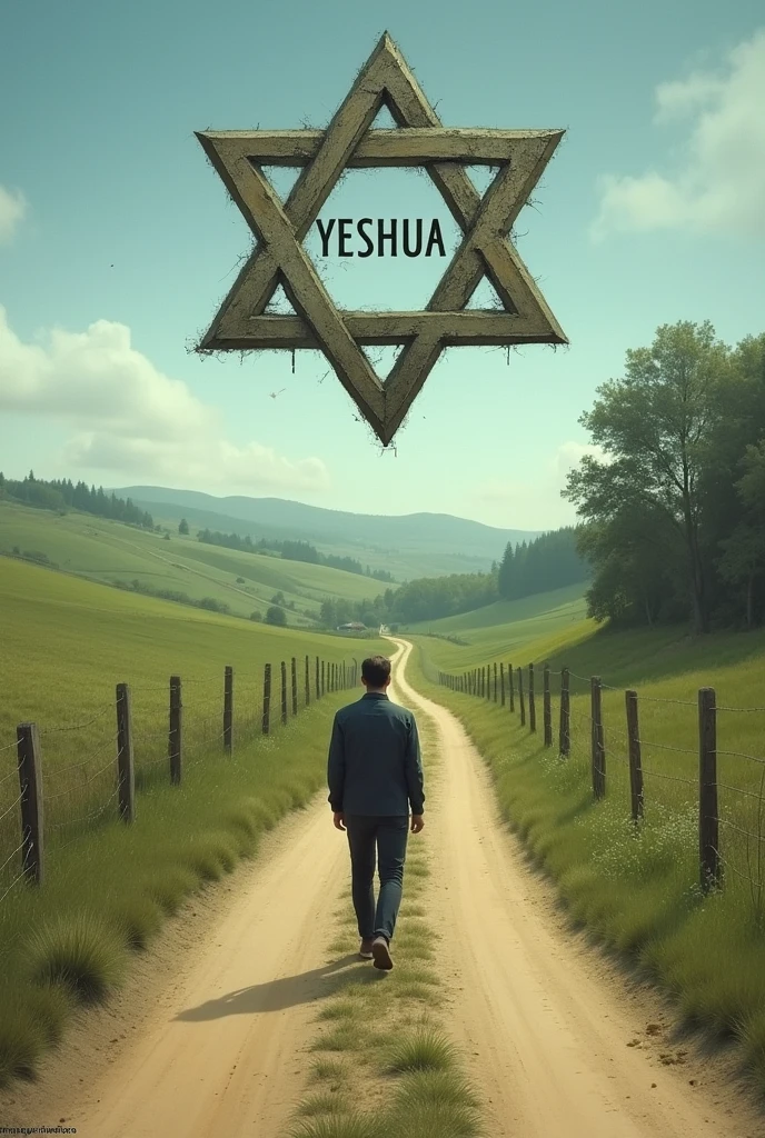 A person walking down a road backwards (not very big image) the star of david with the name yeshua(can be big)