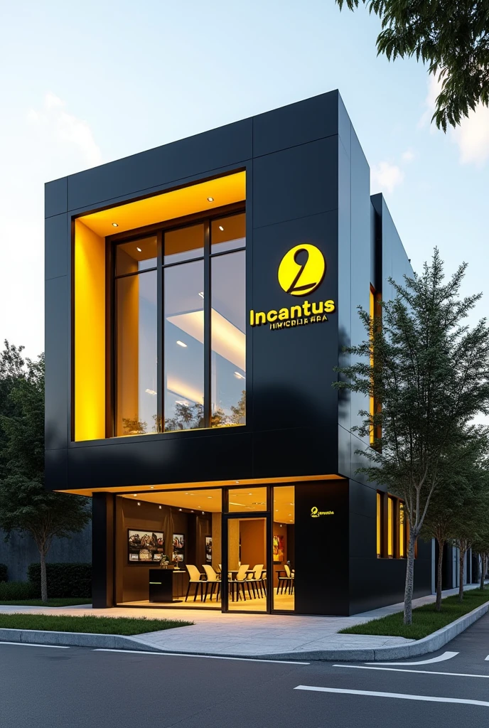 corner real estate property , with accessible facade and sidewalks , black and yellow color with Incantus Imobiliaria sign , black and yellow