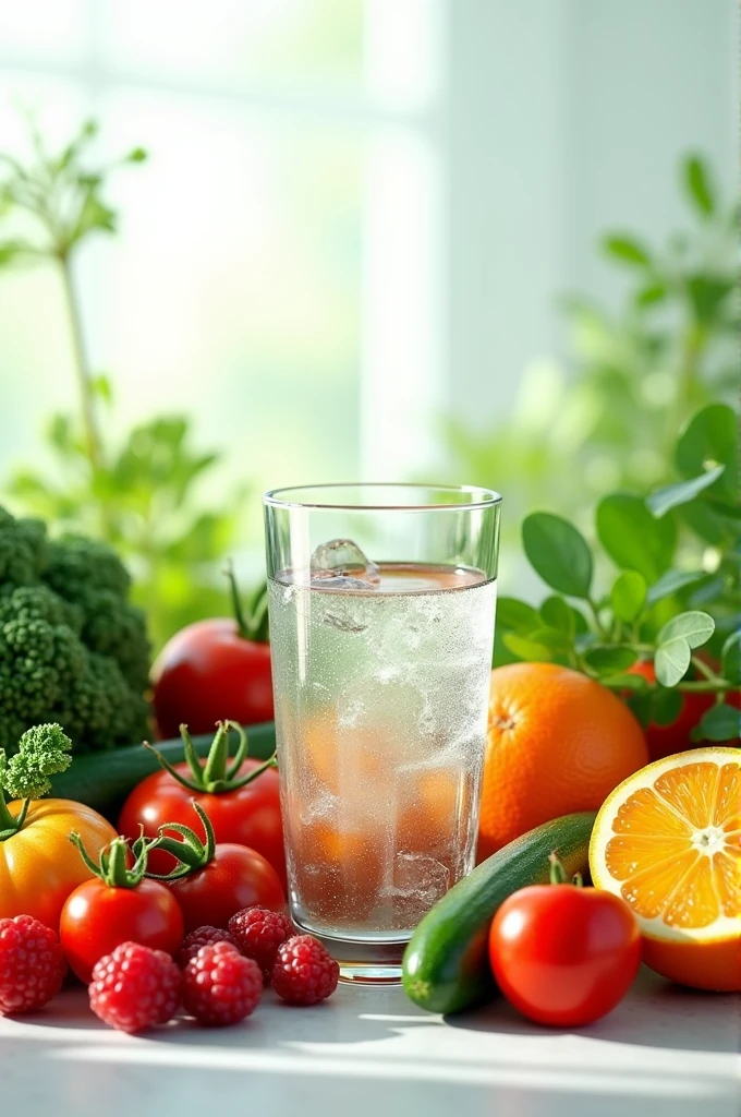 Generates various vegetables and fruits along with a glass of water