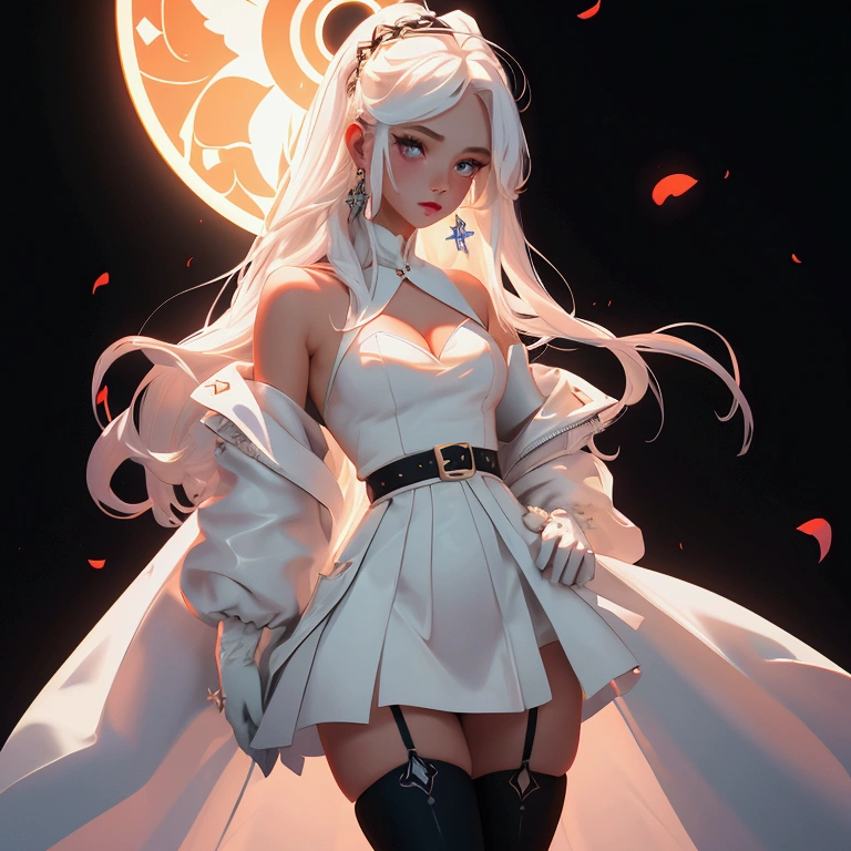 envision a 8k, highres, cinematic, beautiful close up portrait of a girl named Elizabeth Rose Bloodflame with long hair, ahoge, hair ornament, earrings, sleeveless dress, white dress, asymmetrical dress, see-through cleavage, white belt, white jacket, off-shoulder, blue fire, black gloves, single glove, white thighhighs, single thighhigh, against a dark background
