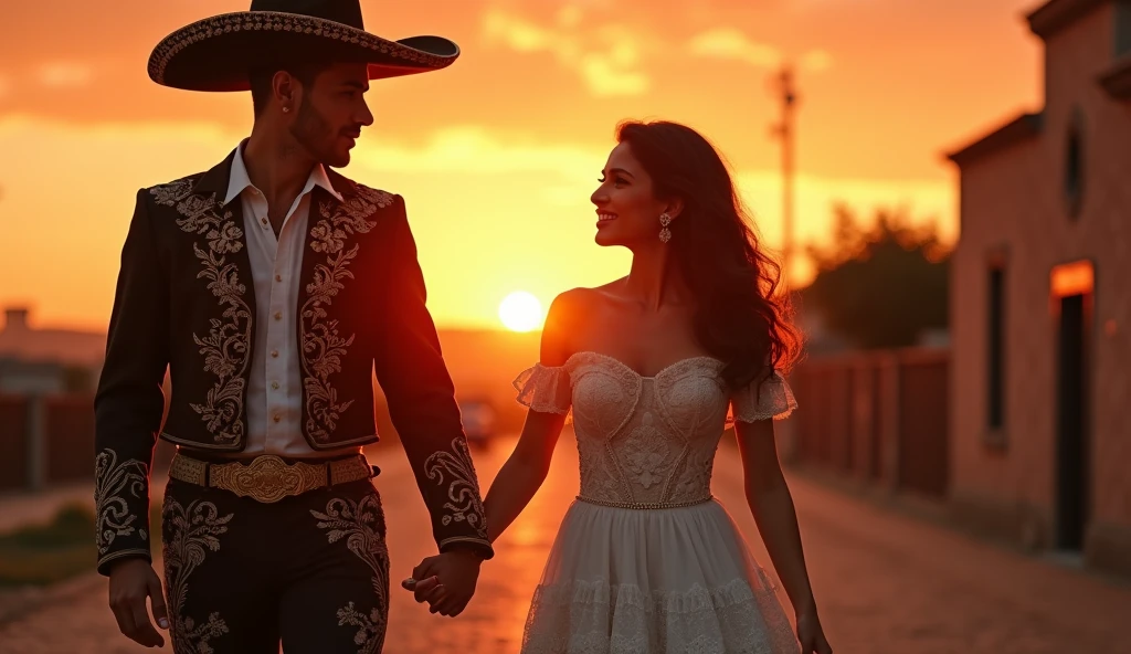 handsome young mexican charro, beautiful detailed eyes, beautiful detailed lips, extremely detailed eyes and face, long eyelashes, and his beautiful woman, beautiful girlfriend, walking hand on hand, happy expresion, outdoor, sunset, cinematic lighting, dramatic color palette, vibrant colors, stunning landscape, intricate details, realistic, photorealistic, (best quality,4k,8k,highres,masterpiece:1.2),ultra-detailed,(realistic,photorealistic,photo-realistic:1.37) panoramic, scene in a traditional mexican town,