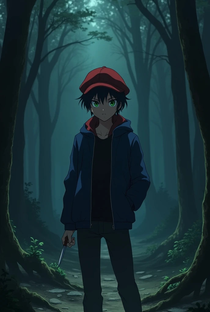 The image is anime style cowboy bebop and Darker than black with shadows and dim lights, anime style although somewhat adult and dark, It shows a little  with black-green eyes., He wears a dark red cap and a blue jacket.. He is standing in the middle of a dark forest. He holds a small dagger in his hand. It&#39;s becoming invisible