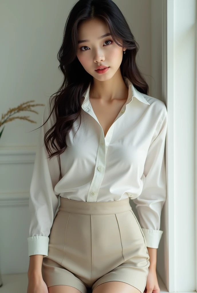 a close up of a woman in a short skirt and a white shirt, a picture inspired by Yanjun Cheng, reddit, arabesque, beautiful asian girl, sexy girl wearing shorts, asian girl, booty shorts, asian women, skinny waist and thick hips, sexy girl, beautiful asian woman, gorgeous young korean woman, wearing tight simple clothes