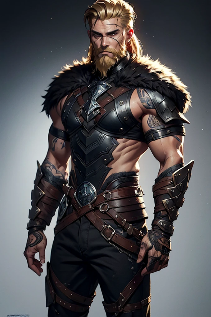 1man, viking, whole body, Drawing style, (work of art), best qualityer, high resolution, 4K, 8k, detailed illustration, intricate-detail, cinematic lighting, incredible quality, male fit, amazing shading, soft lighting, front camera, blonde beard, short beard, blond hair, short hair, braided hair, black tattoo, nordic tattoos, (, wearing a shirt, wearing leather armor, wearing leather chest armor, chest covered by leather, wearing black fur)