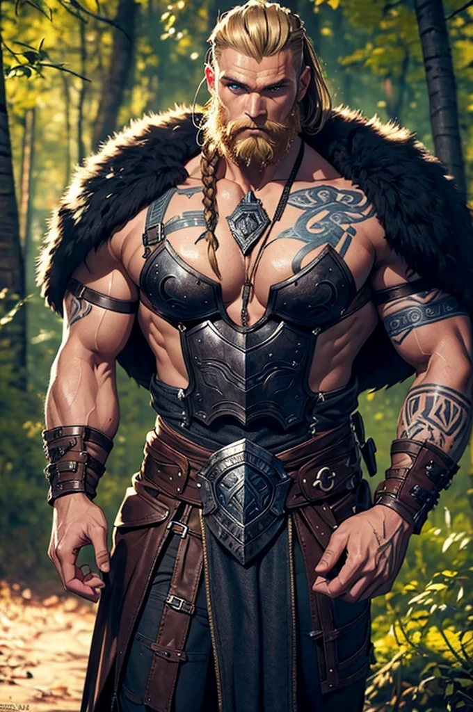 1man, viking, whole body, Drawing style, (work of art), best qualityer, high resolution, 4K, 8k, detailed illustration, intricate-detail, cinematic lighting, incredible quality, male fit, amazing shading, soft lighting, front camera, blonde beard, short beard, blond hair, short hair, braided hair, black tattoo, nordic tattoos, (, wearing a shirt, wearing leather armor, wearing leather chest armor, chest covered by leather, wearing black fur)