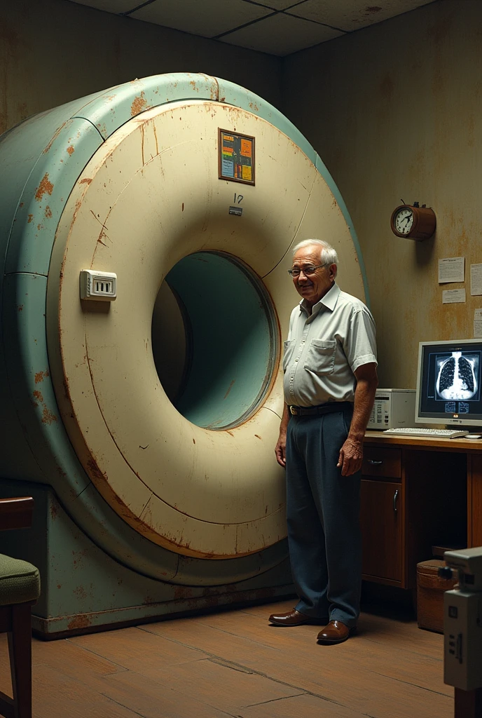 I am a student of radiology and diagnostic imaging in the subject of magnetic resonance imaging., I am tasked with depicting the history of resonance, Having said that, make me an image in which it is represented in the old era of the year 1976 where Raymond Damadian built a full body MRI scanner which looked big, robust, rustic, ancient, worn out and extremely ugly, with rust, In addition to seeing happiness on his face while doing tests with a neighbor, you can also see the computer screen showing a chest MRI..
