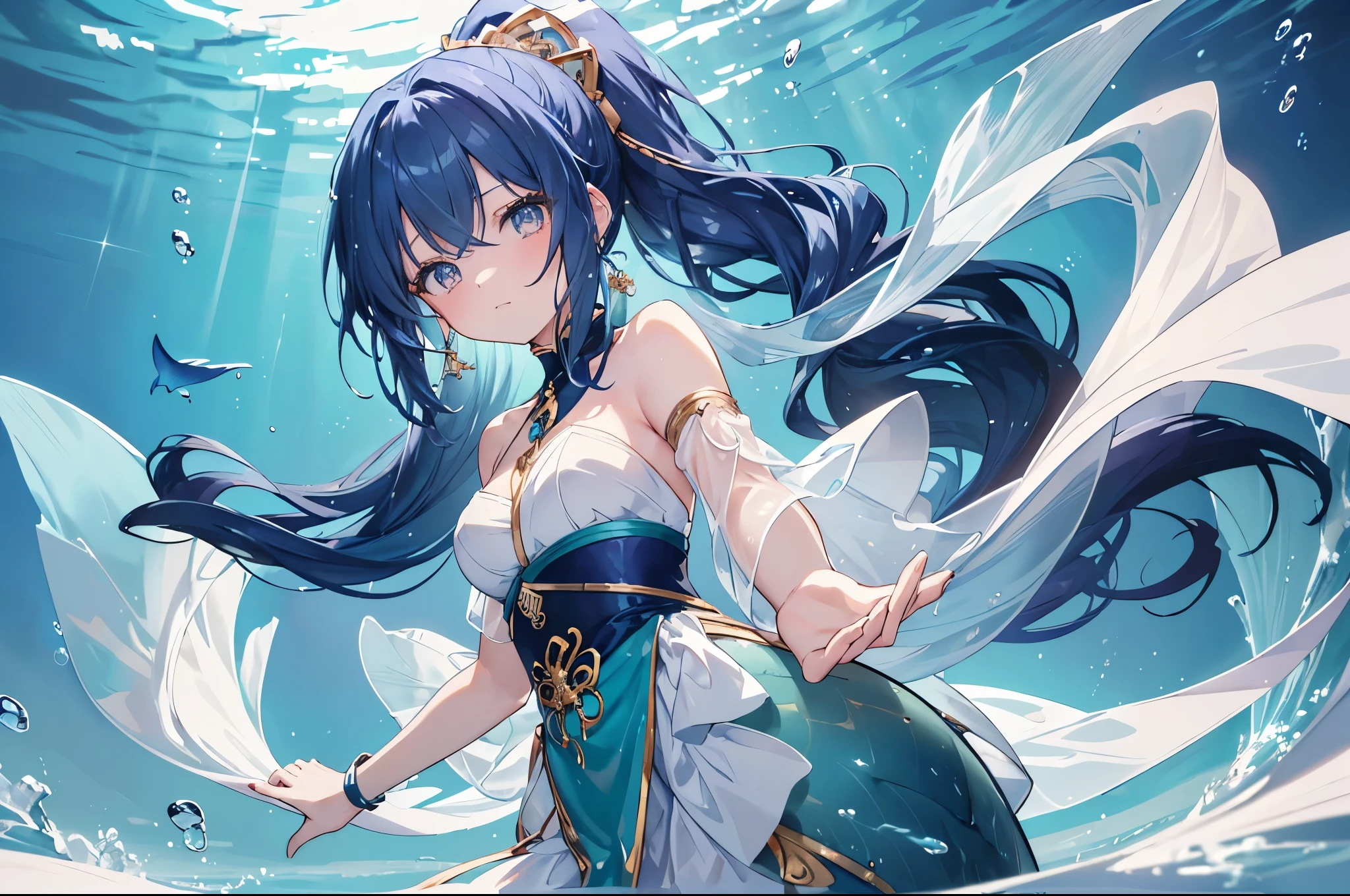 ((MasterPiece, Ultra High Quality, morden anime Style)) A translucent fair-skinned girl with sun-white eyes and long, straight dark blue hair tied in a ponytail. She has a blue and white mermaid tail. She wears a traditional white and gold mermaid outfit, and wears some jewelry on her hands. She is underwater looking at the viewer with a passionate gaze.