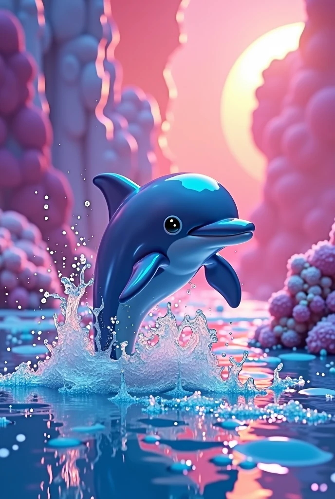 Dolphin coming out of the sea with a super colorful background with lots of pink color, purple, blue, that the image is 4x4 and something super cute