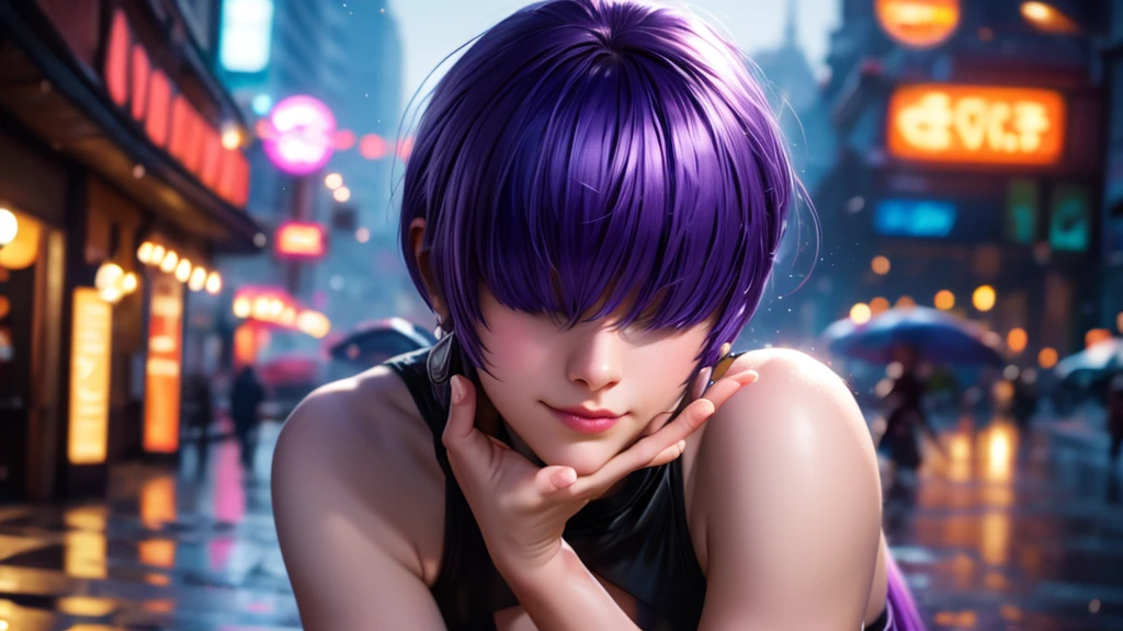 (at night), alone, in a video game scene a background of a beautiful city during the day raining, standing at attention, purple hair, ((purple hair)), 1 girl, alone, 20 years old, young woman, perfect hands , beautiful and perfect symmetrical fingers, beautiful long legs, perfect legs, beautiful body, beautiful nose, beautiful character design, perfect face, look at the viewer (focusing on the entire character), closed mouth, Light_Smile, official art, wallpaper Extremely detailed CG unity 8k, perfect lighting, bright and colorful front lighting, glowing skin (masterpiece: 1.0), (best quality: 1.0), ultra high resolution, 4K, ultra detailed photography, 8K, HDR, high resolution, nonsense: 1.2, Kodak portra 400, film grain, blurred background, bokeh: 1.2, lens flare, (vibrant_color: 1.2), professional photography, (beautiful_face: 1.5), (narrow waist),
