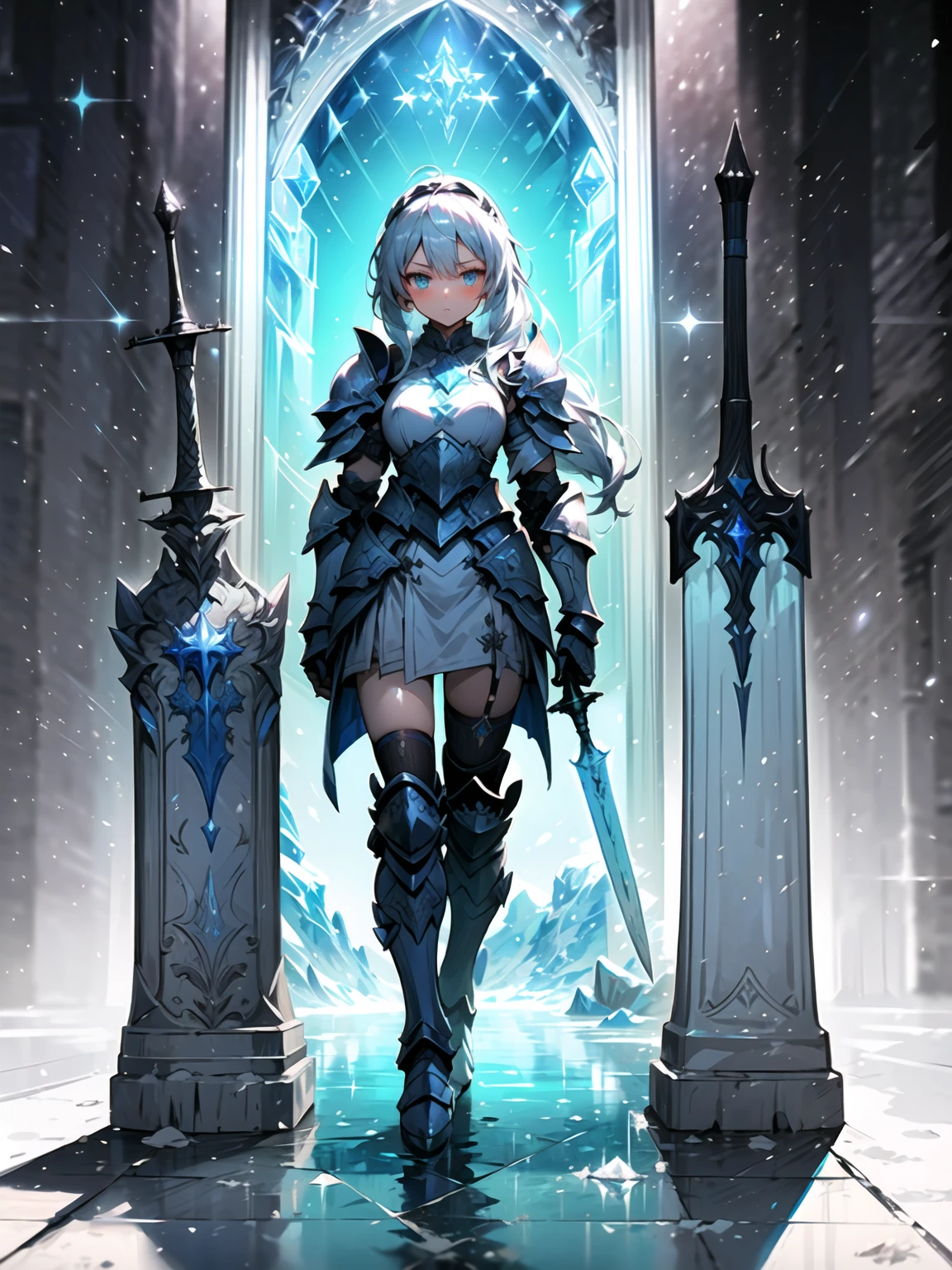 (((Masterpiece, best quality, 16k))) female character with long silver hair and icy blue eyes. She wears an ice-themed armor in white, blue, and silver. wields a frosty sword. The character has a cold expression, with a snowy landscape as the background. ((full body front view)). ((slender)), (extremely detailed:1.5), (long silver hair:1.2), (icy blue eyes:1.2), (snowy landscape:1.1), (ice-themed armor:1.3), (frosty sword:1.3).