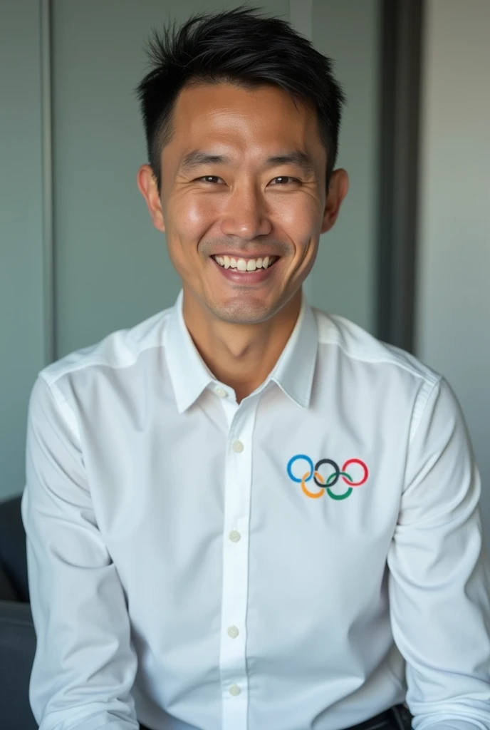 Make a narrator's image for a pod cast, a person in the sports journalism style, with a white shirt with the Olympic symbol