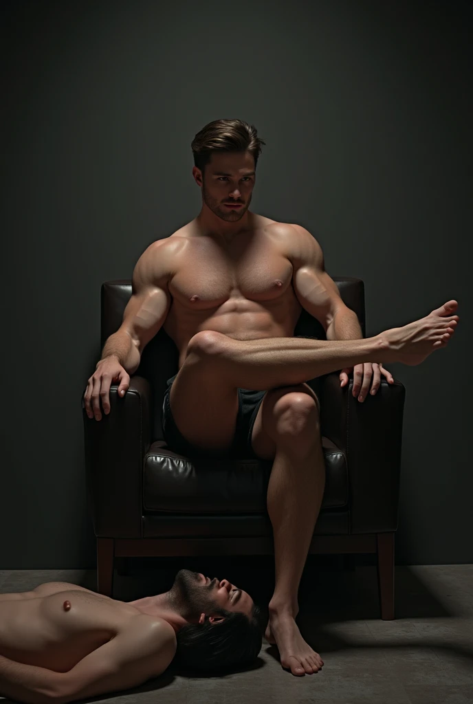 sexy guy is sitting on a chair while placing his feet on the top of the face of a lying guy