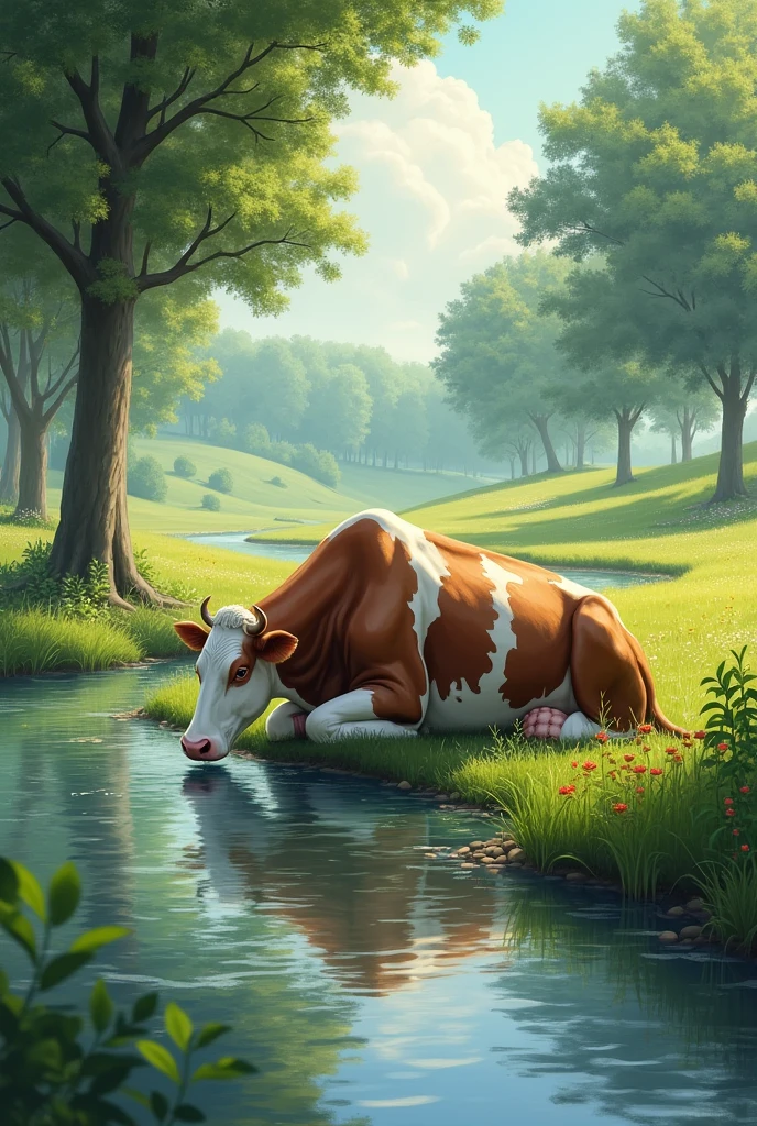 A cow kneeling next to a river