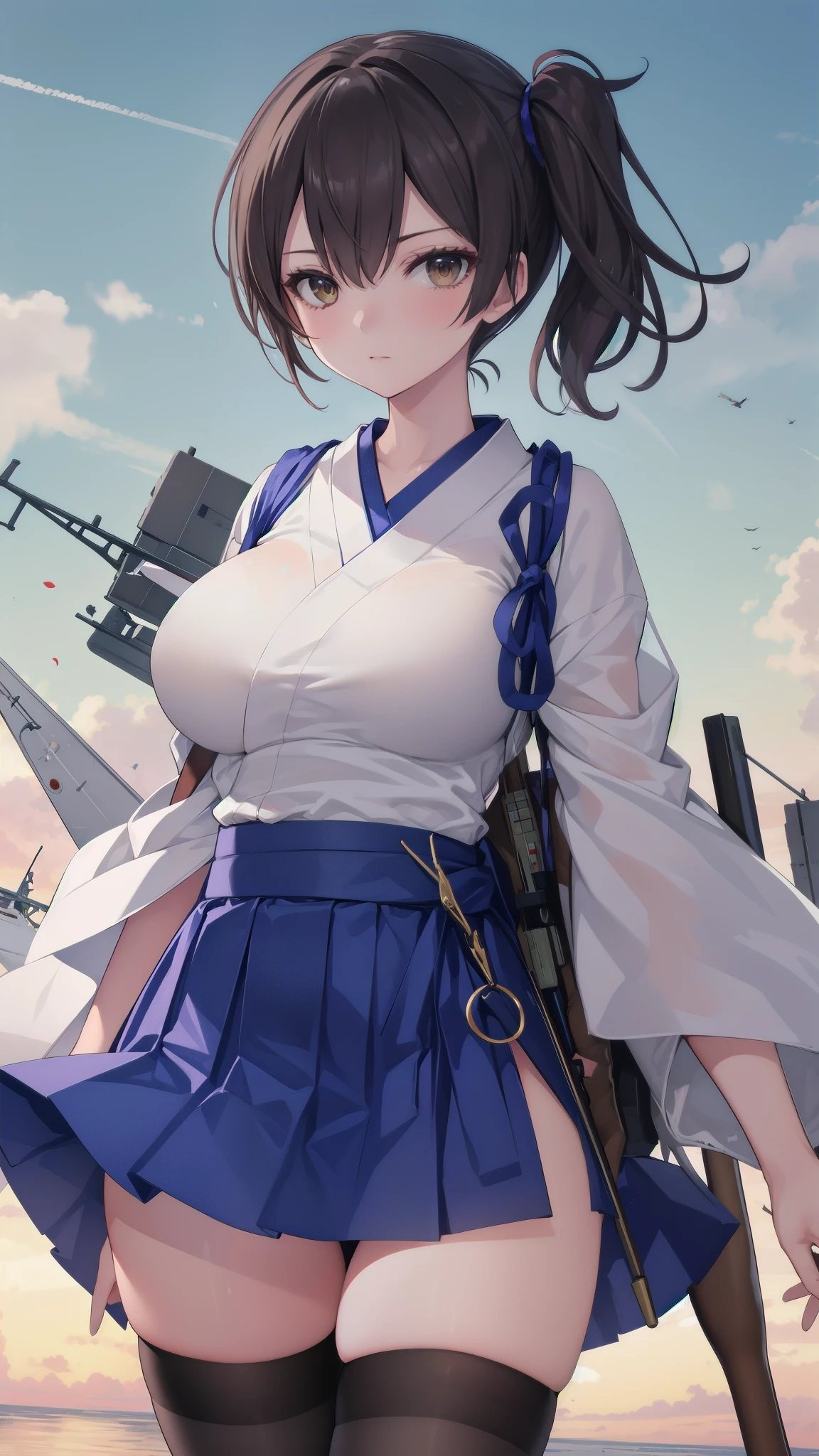 Kaga(Fleet Collection),highest quality, masterpiece, High resolution,kimono,blue skirt,side ponytail,big_breasts,large_thighs,thigh-highs,plump,hold_Japanese_bow,(angry:0.7), bow_shooting_pose