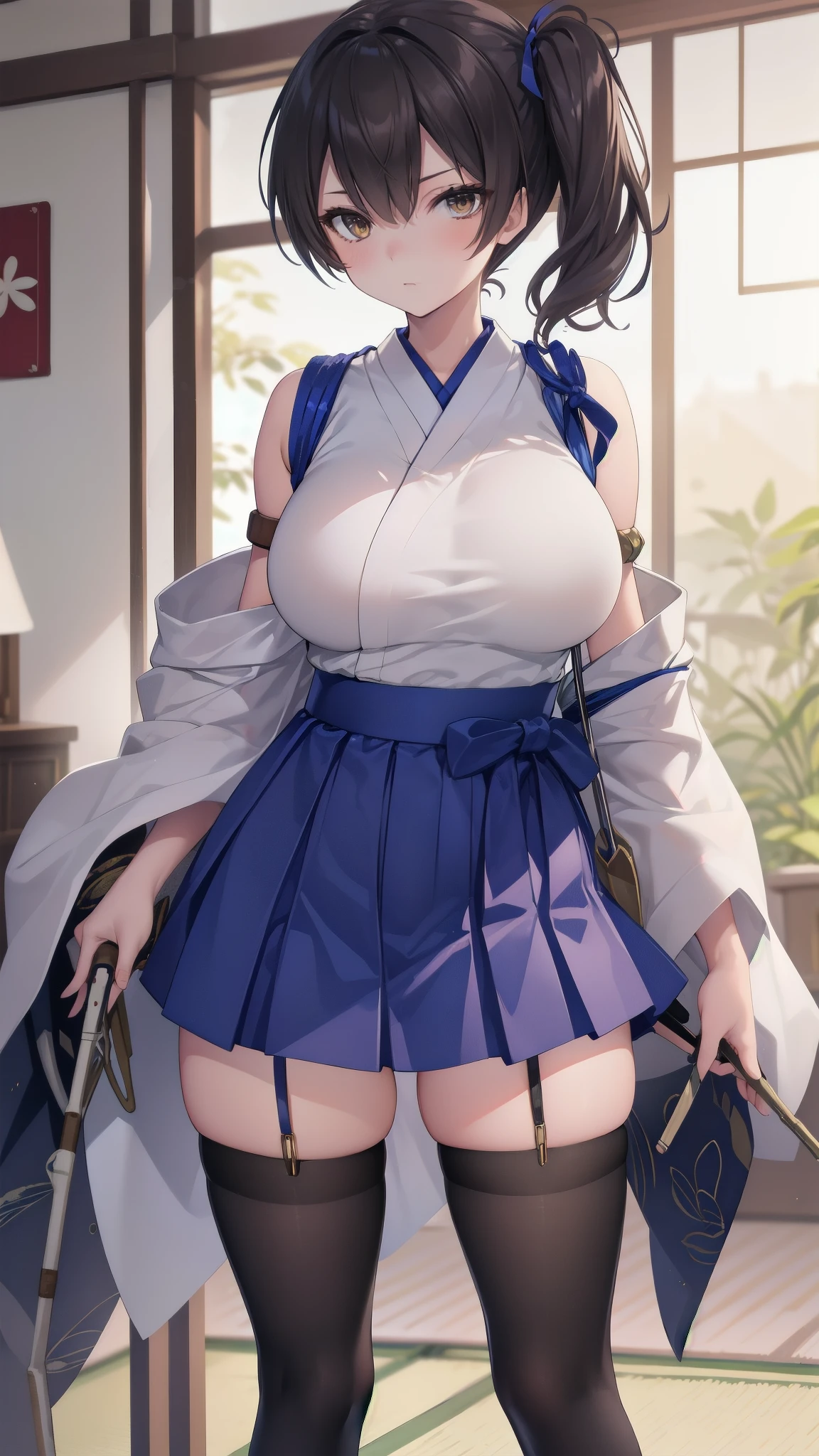 Kaga(Fleet Collection),highest quality, masterpiece, High resolution,kimono,blue skirt,side ponytail,big_breasts,large_thighs,thigh-highs,plump,hold_Japanese_bow,(angry:0.7), bow_shooting_pose