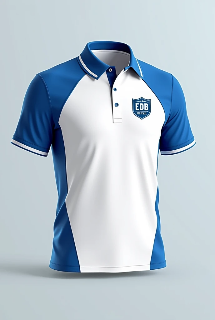 Super cute white and blue interclass short sleeve shirt with school crest with the name 'edb'