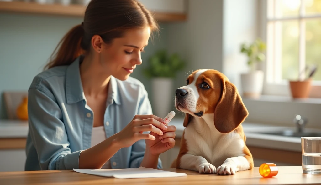 A hyper-detailed image of a pet owner gently administering medication to an elderly Beagle. The scene is set on a clean, organized kitchen counter with a pill bottle and a glass of water nearby. The Beagle looks content and cooperative, showing trust in its owner, photorealista, 8K, (melhor qualidade,4K,8K,alta resolução.