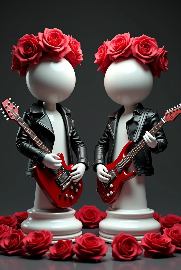 Create two characters that are chess pawns with a leather jacket and holding an electric guitar. The head should be spherical without eyes similar to a real chess pawn and not legs but like the base of a real chess pawn.. The base and the head and hands must be white.. Surround the characters with a crown of red roses
