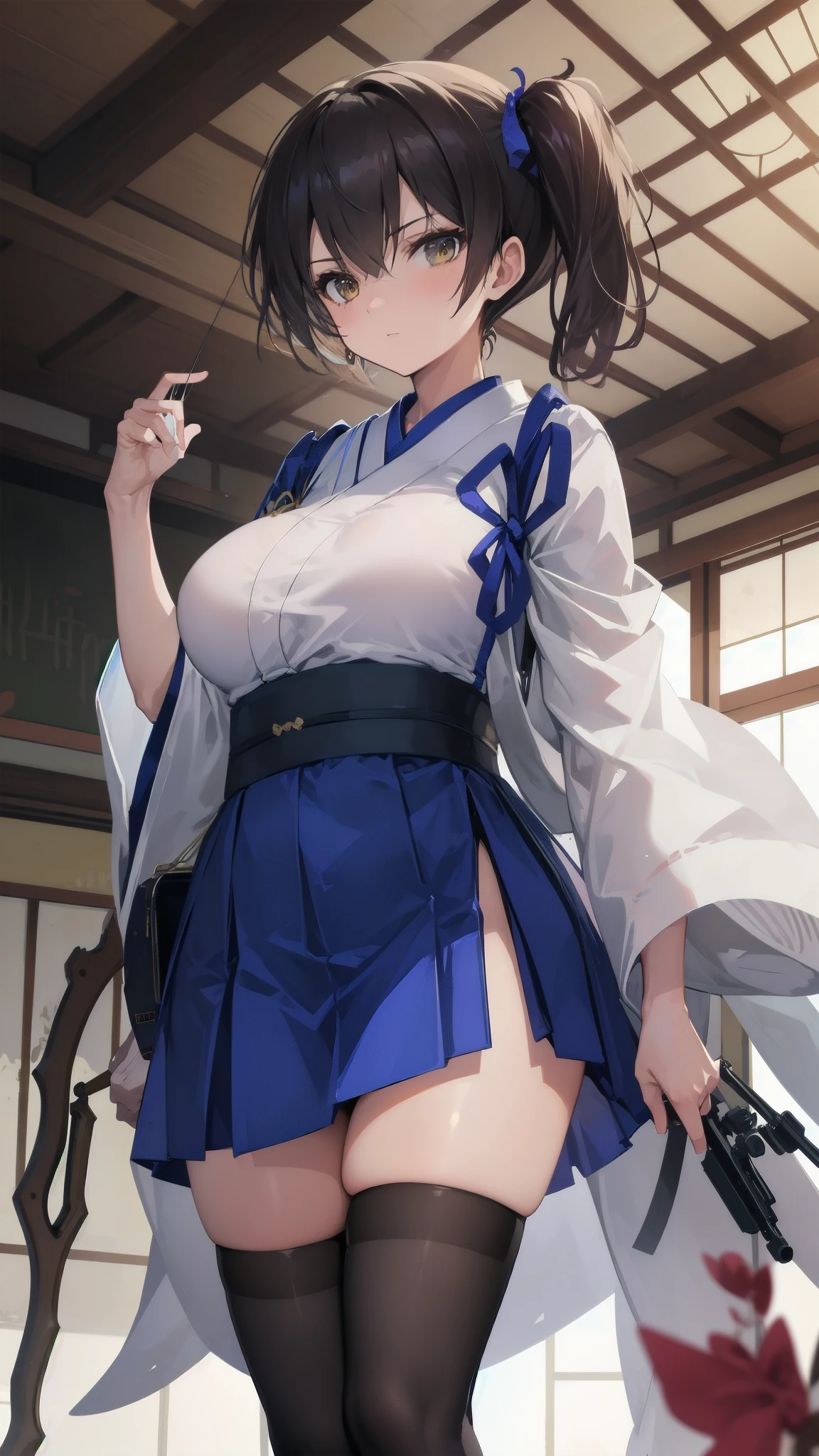 Kaga(Fleet Collection),highest quality, masterpiece, High resolution,kimono,blue skirt,side ponytail,big_breasts,large_thighs,thigh-highs,plump,hold_Japanese_bow,(angry:0.7), bow_shooting_pose
