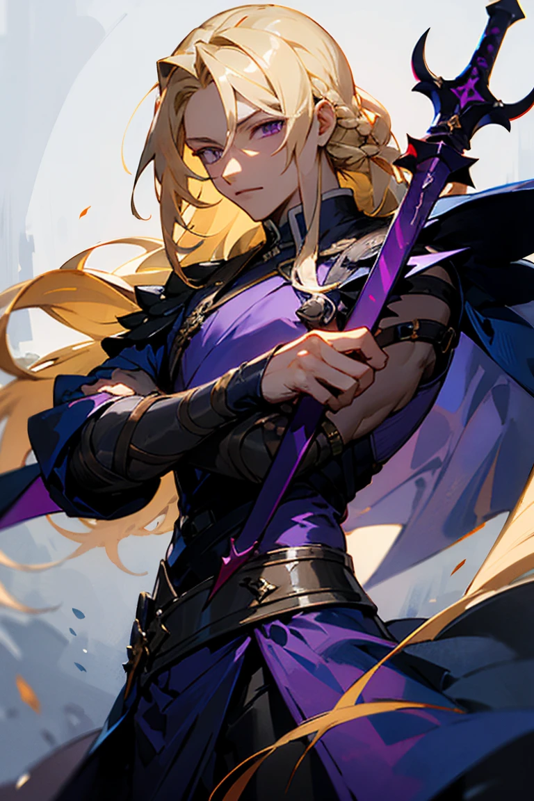 ((best quality)), ((masterpiece)), (detailed), Male, blonde, long hair, braid, purple eyes, black and purple clothes, holding dark sword, dark thorns
