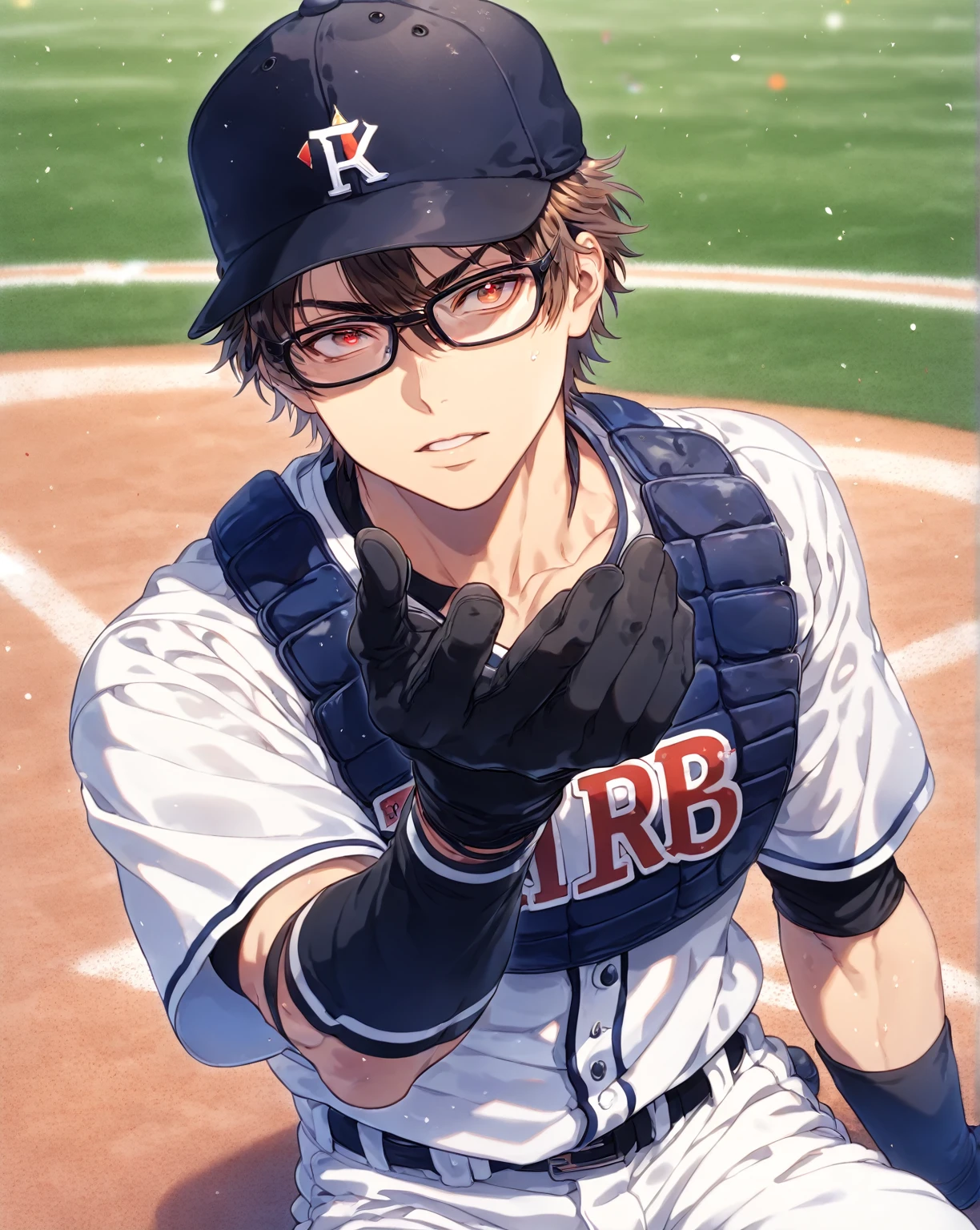 absurdres, highres, ultra detailed, HDR, master piece, Miyuki Kazuya, brown hair, expressive amber eyes, black glasses, white baseball uniform, Diamond No Ace, sexy man sitting, handsome, best quality, fantasy, magical, solo, sensual, stadium, blue sky, manly man, black gloves, white pants