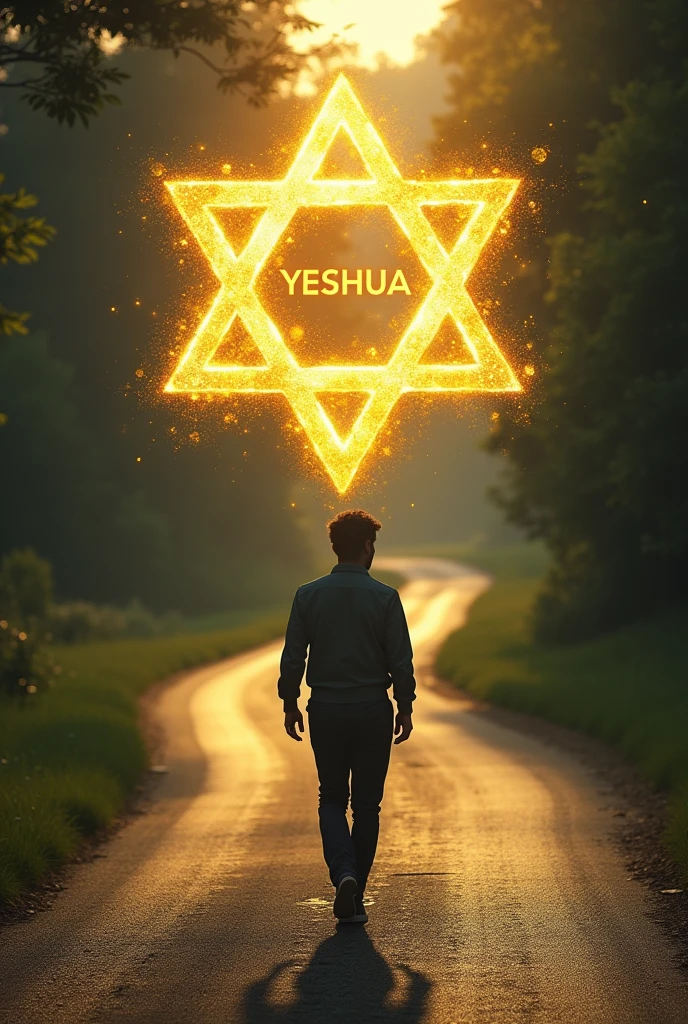 A person walking down a road backwards (not very big image) the star of david (can be shiny and golden)com o nome yeshua(can be big) 