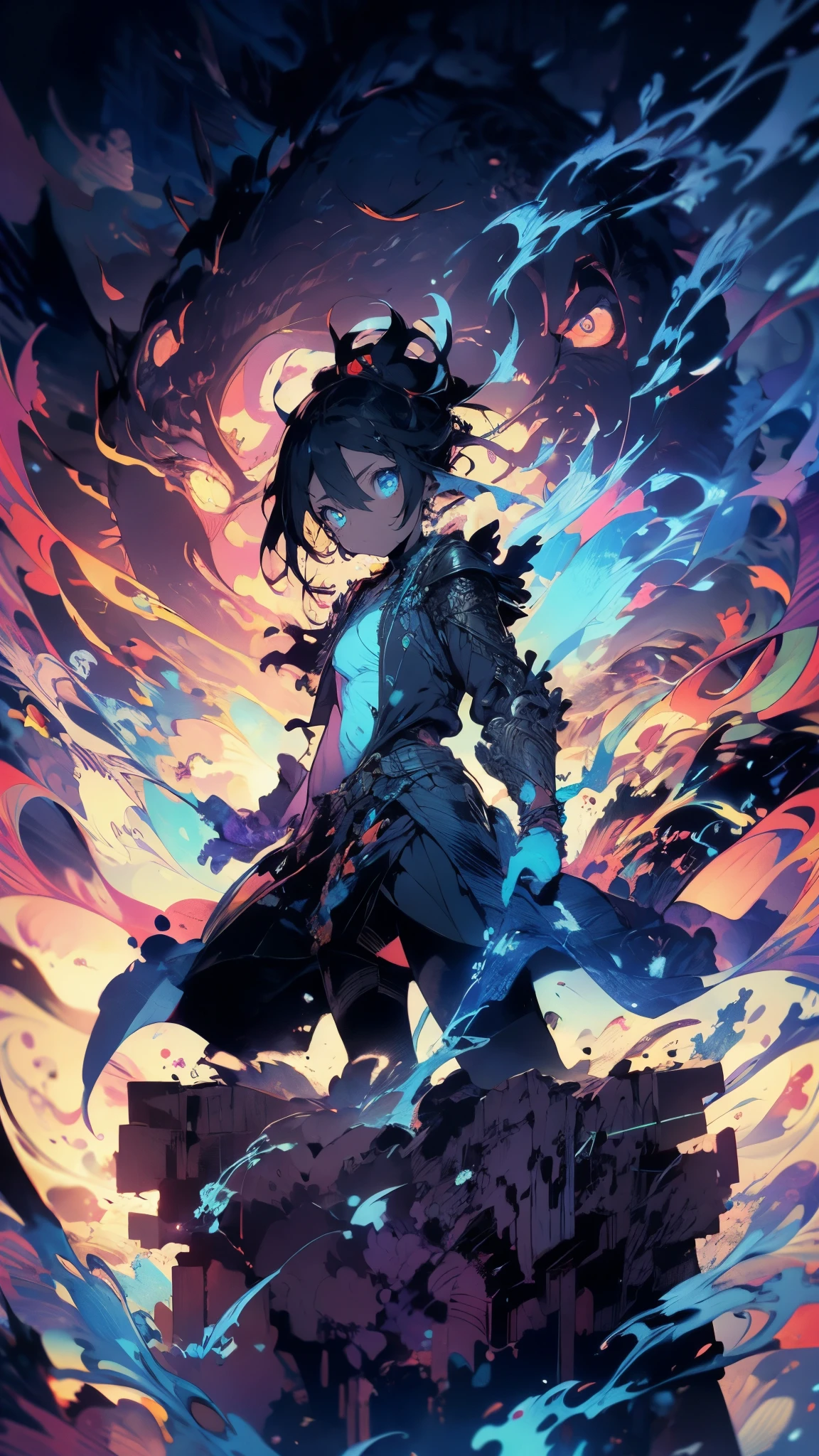 A spectral warrior in a state of transformation, with glowing blue energy crackling through his armor, standing atop a crumbling cliff, the air filled with blue flames, fierce determination in his eyes, the sky ablaze with fiery orange, dark and moody, fantasy world, dark background, clean design, epic, artstation, colorful paint splatter, silhouette, hyper detailed intricate details, unreal engine, fantasy, splash screen, complementary colors, deviantart masterpiece, oil painting, heavy strokes, paint dripping, indifferent expression