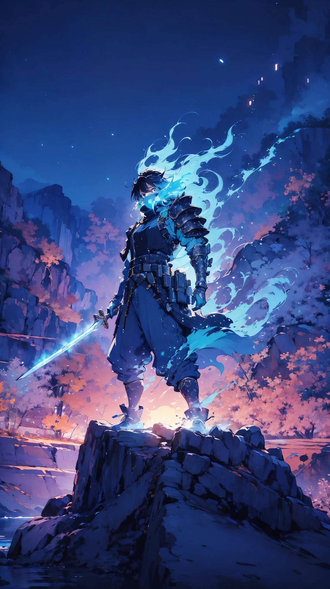 An ethereal samurai engulfed in a blue flame, standing in defiance on a jagged rock, his armor fragmented and glowing, wielding a sword ablaze with spectral light, the sky blending hues of twilight and fire, intense and cinematic, mystical yet grounded, fantasy world, dark background, clean design, epic, artstation, colorful paint splatter, silhouette, hyper detailed intricate details, unreal engine, fantasy, splash screen, complementary colors, deviantart masterpiece, oil painting, heavy strokes, paint dripping, indifferent expression