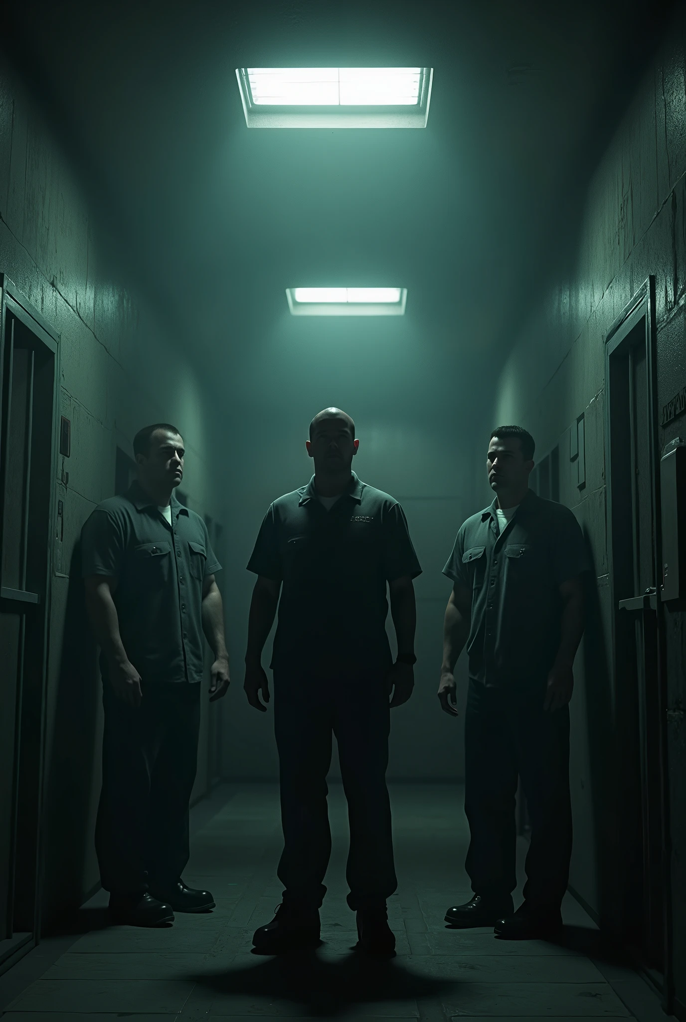 Three men in prison uniforms are in a dimly lit room., cinematographic cg society, payday 2, cgsociety 9, detailed cinematic photography, Arkham, by Harrison Ford, photorealistic dark concept art, realistic riot control entertainment, hyperrealistic fantasy art, prison scene, promotional images, Prison background, ciudad de Arkham, CG game, cinematic keyframe, Promotional image