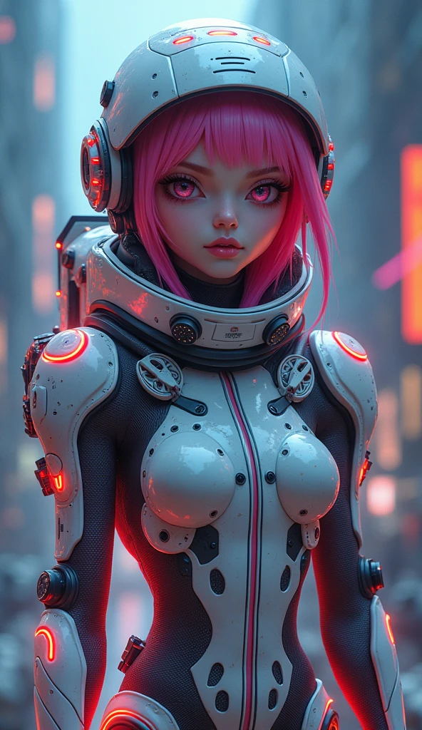 Photorealistic 1 Female, alone,Full body photo, Full body photo,((masterpiece)), (Highest quality),(Extremely accurate drawing with fine details)(Very accurate representation)full_body_Portraiture,Cyberpunk Retro Future Atmosphere,, Attractive alien with big eyes, Tentacles and colored skin、She is wearing a thick space suit in a cool, cosmic pastel pink and magenta composite fabric.、It has some glowing marks and nozzles.。,Hoes and Machine Parts and Accessories(Helmet) Have a futuristic gun