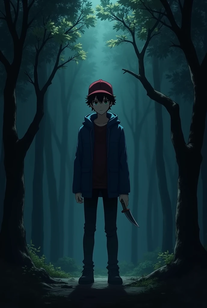 The image is anime style cowboy bebop and Darker than black with shadows and dim lights, anime style although somewhat adult and dark, It shows a little with black-green eyes., He wears a dark red cap and a blue jacket.. He is standing in the middle of a dark forest. He holds a small dagger in his hand. Your body is becoming invisible