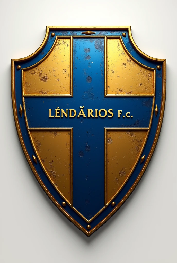 Create an image with a blue and gold cross-shaped shield of a football club and add the name Lendários F. C on the shield