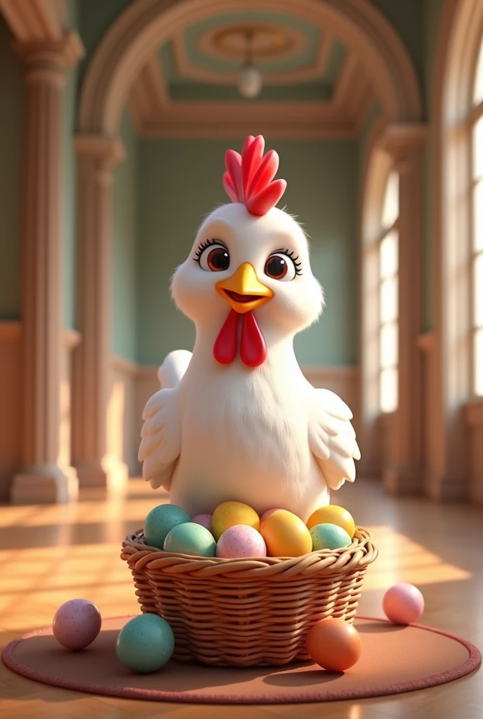 a beautiful white hen, in the hall next to a large basket with several colored eggs, 3D cartoon style, cinematic