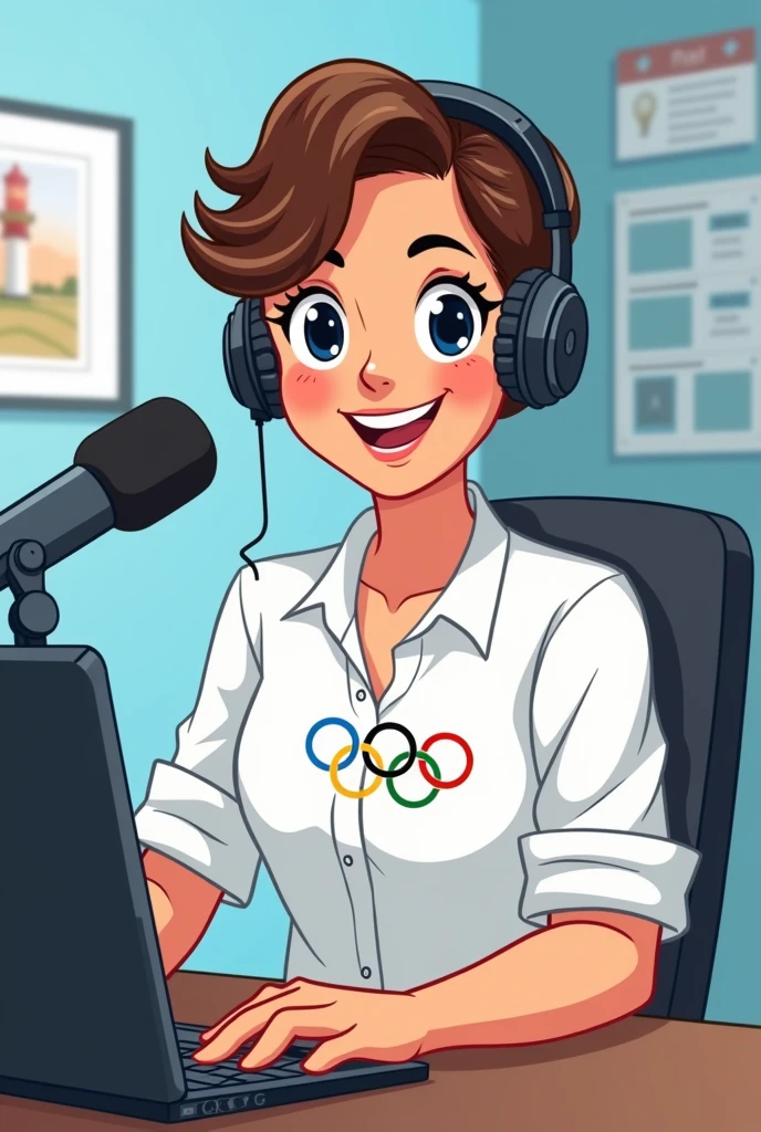 Make a cartoon-style image of a narrator for a podcast, a person in the sports journalism style, with a white shirt with the Olympic symbol
