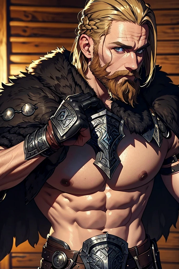 1man, viking, whole body, Drawing style, (work of art), best qualityer, high resolution, 4K, 8k, detailed illustration, intricate-detail, cinematic lighting, incredible quality, male fit, amazing shading, soft lighting, front camera, blonde beard, short beard, blond hair, short hair, braided hair, black tattoo, nordic tattoos, (, wearing a shirt, wearing leather armor, wearing leather chest armor, chest covered by leather, wearing black fur)