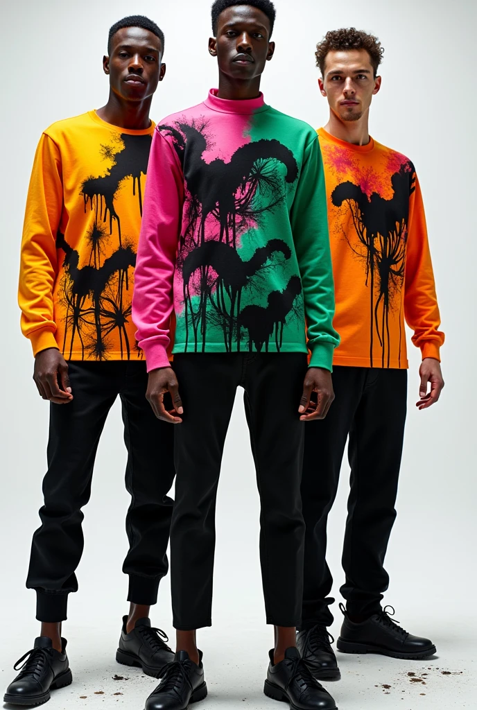Long-sleeved orange shirts with black ink spread across the arms and torso