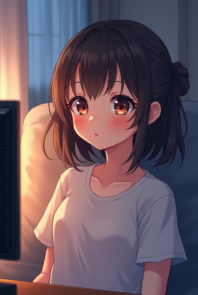 A pretty girl with bright brown eyes, with her channel cut hair and dark brown hair color, with a height of 1&#39;60, watching TV calmly on the couch, with hair tied, anime drawing 