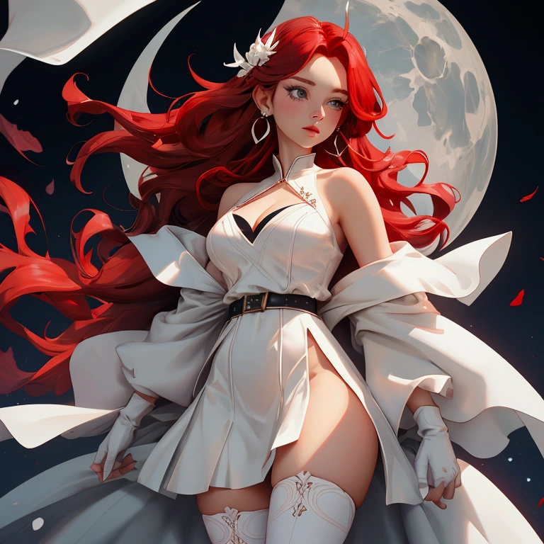 envision a 8k, highres, cinematic, beautiful close up portrait of a girl named Elizabeth Rose Bloodflame with long red hair, ahoge, hair ornament, earrings, sleeveless dress, white dress, asymmetrical dress, see-through cleavage, white belt, white jacket, off-shoulder, blue fire, black gloves, single glove, white thighhighs, single thighhigh, against a dark background