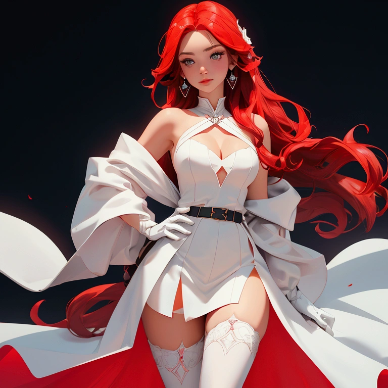 envision a 8k, highres, cinematic, beautiful close up portrait of a girl named Elizabeth Rose Bloodflame with long red hair, ahoge, hair ornament, earrings, sleeveless dress, white dress, asymmetrical dress, see-through cleavage, white belt, white jacket, off-shoulder, blue fire, black gloves, single glove, white thighhighs, single thighhigh, against a dark background