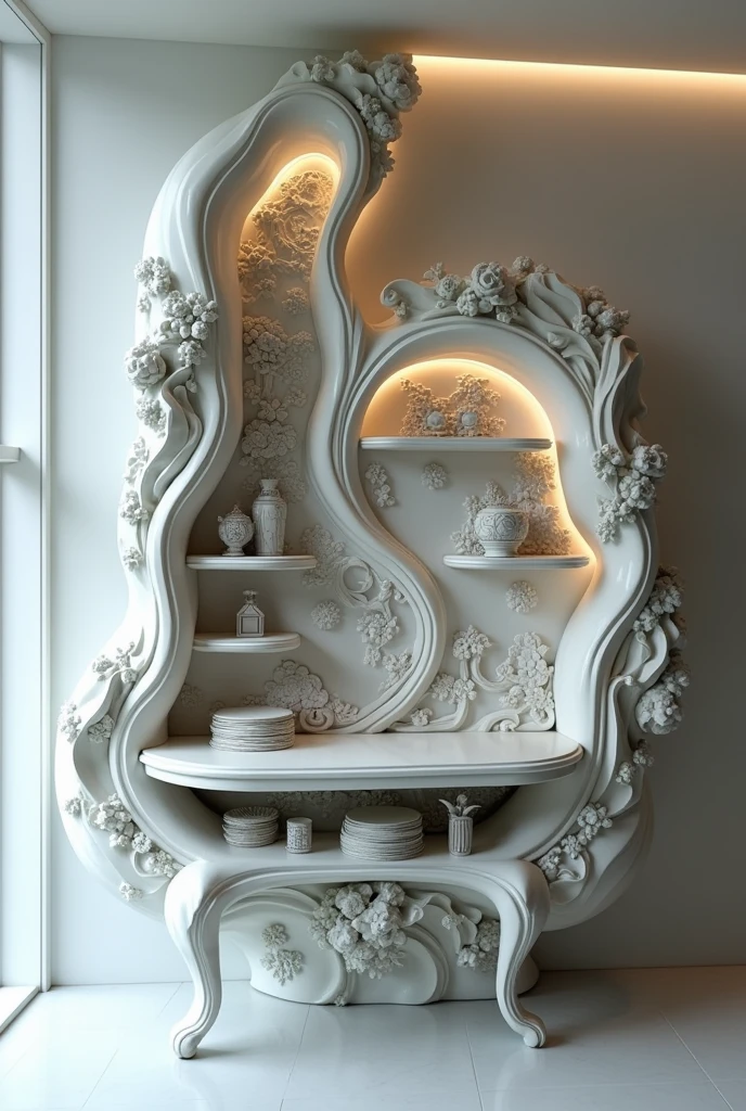 Create a more modern and futuristic asymmetrical rococo style piece of furniture