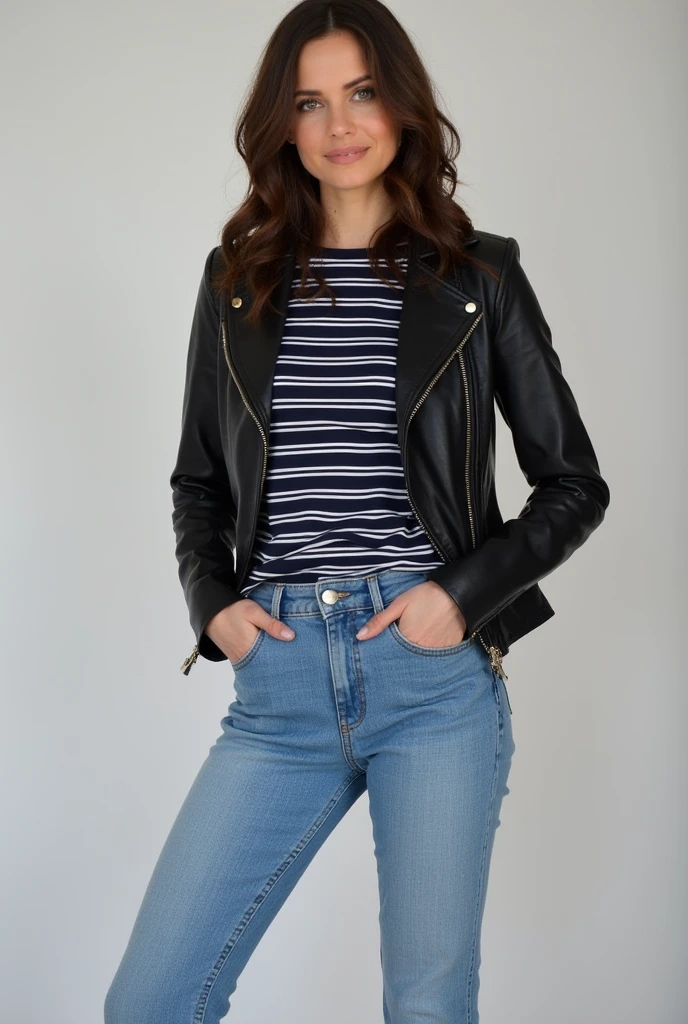 Create a semi-formal outfit for a woman that has a black leather jacket, Navy blue shirt with white horizontal stripes and very light blue jeans 