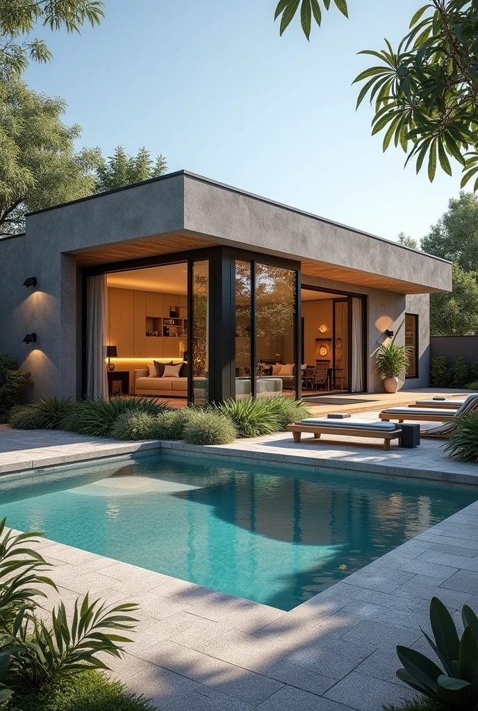 House on a 5x25 plot with living room, kitchen, bathroom and laundry on the ground floor and swimming pool with gourmet sand at the bottom