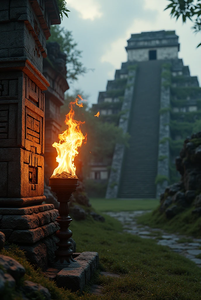 Torch in the background of the ruins of Tikal