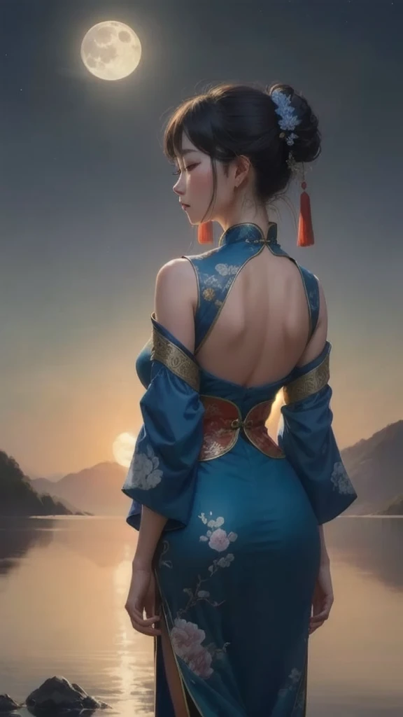 beautiful woman, at night with moon light, Woman in Chinese costume, Stand on the shore, head looking up,((Her back is to the audience)), In a serene scene inspired by Chinese poetry. artwork of a, Created using oil painting techniques, It shows the beauty of traditional Chinese culture and the peaceful atmosphere of the moonlit night. Grab your audience's attention. The moon in the sky shines brightly, casting a warm, Ethereal light all around. The scene showed the utmost attention to detail, Delicate brushstrokes and delicate textures, Make a masterpiece. The color palette is rich and evocative, The deep blue and pastel tones are reminiscent of traditional Chinese ink painting. The composition of the artwork highlights the silhouette of a woman against the background of the moon, Emphasis on mystery and contemplation. Overall, The artwork conveys a sense of peace, spirituality, and the deep connection between nature and human nature depicted in ancient Chinese poetry. (Best quality, Ultra-detailed, A high resolution, Masterpiece:1.2), Traditional Chinese culture, Moonlit landscape, tranquil ambiance, Elegant robes, Complex brushstrokes, Fine texture, Ethereal moonshine, vivid palette, Inspired by ancient poetry.