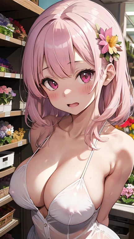 mastute piece,Best Quality,insanely detailed,8k cg,nsfw,
(shoot upper body:1.3),
(1girls:1.3),standing,looking at viewr,body in front,((both arms behind back:1.4)),(flower shop clerk:1.4),(bare breasts:1.4),break,
blush,shy,(ecstasy face),(trembling:1.2),break,(light pink hair:1.4),
break,
perfect breasts,perfect teats,(open mouth:0.9),(large breasts:1.2),
(flower shop:1.1),